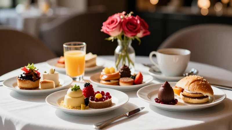 Desayuno gourmet elegante con flores y luz cinematográfica