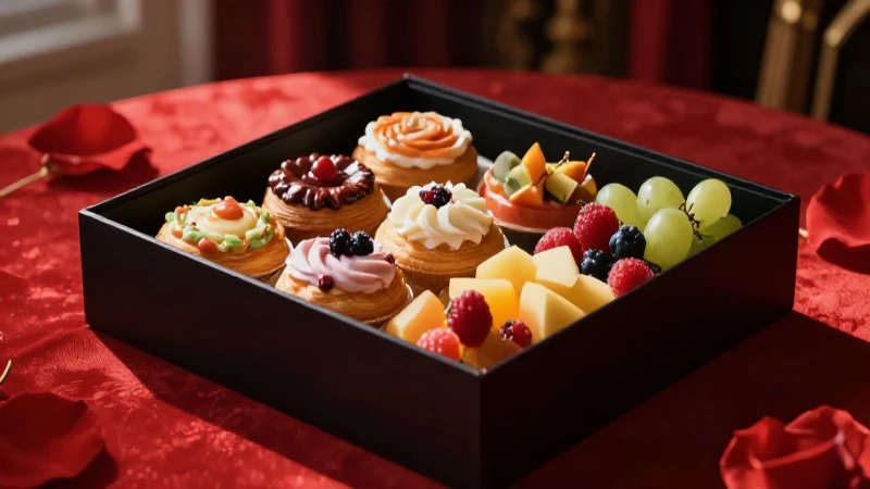 Desayuno lujoso, pasteles y fruta con luz suave