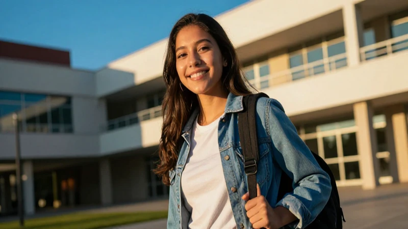 Estudiante joven sonríe en campus moderno al atardecer