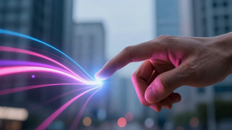 Mano toca interfaz digital neón en ciudad