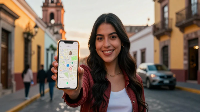 Mujer con smartphone en Puebla al atardecer
