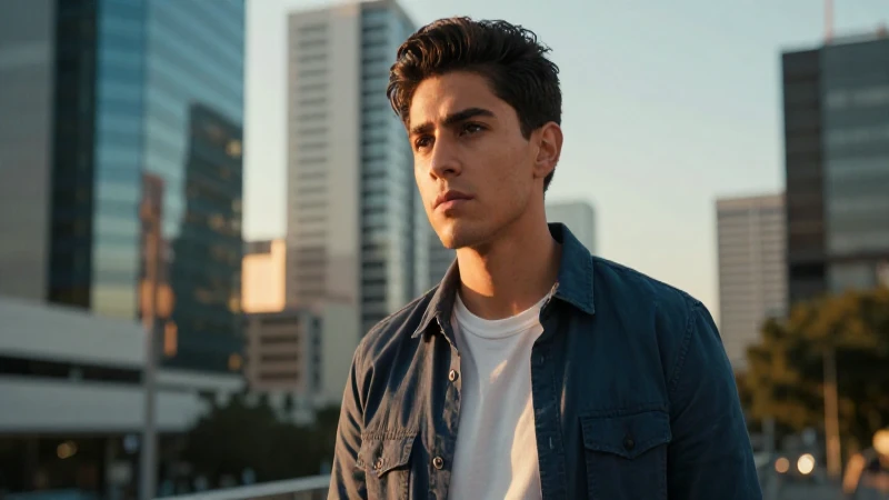 Joven mexicano decidido en la ciudad al atardecer