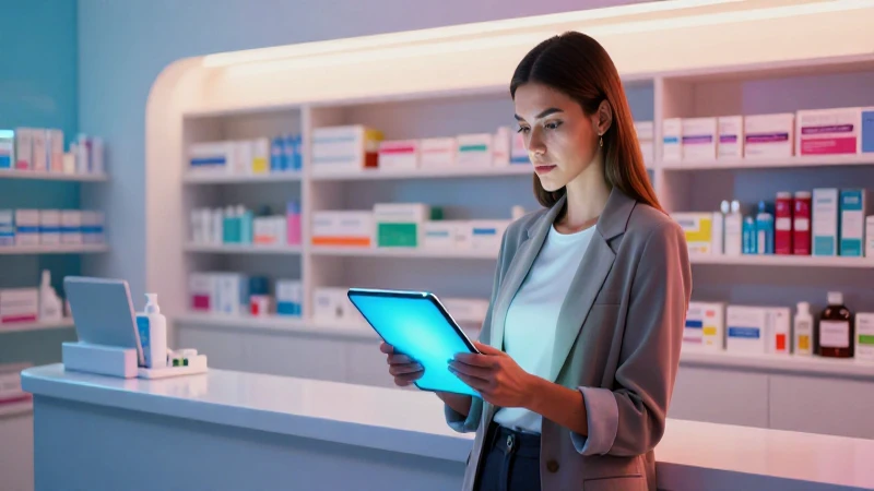 Joven con tablet luminosa en farmacia moderna