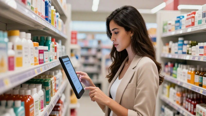 Mujer mexicana revisando interfaz en farmacia moderna
