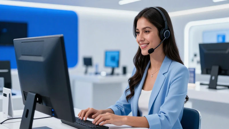 Mujer sonríendo en tienda de tecnología moderna