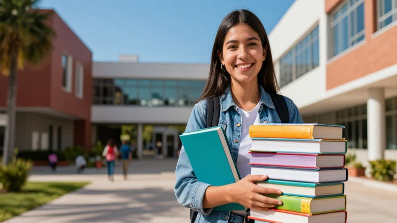 Estudiante sonriente en campus universitario moderno