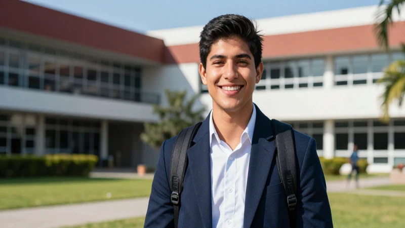 Estudiante mexicano sonriente en campus moderno