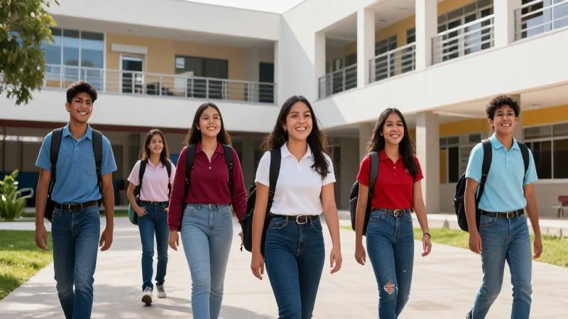 Estudiantes mexicanos felices en campus moderno