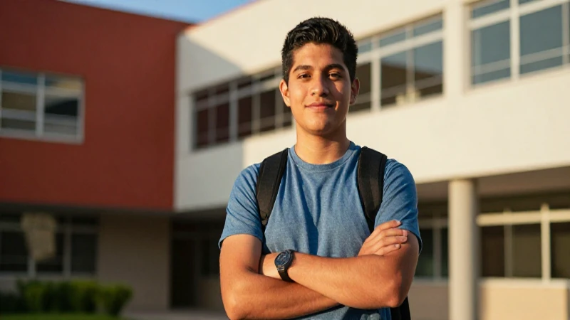 Joven mexicano estudian con confianza en campus moderno