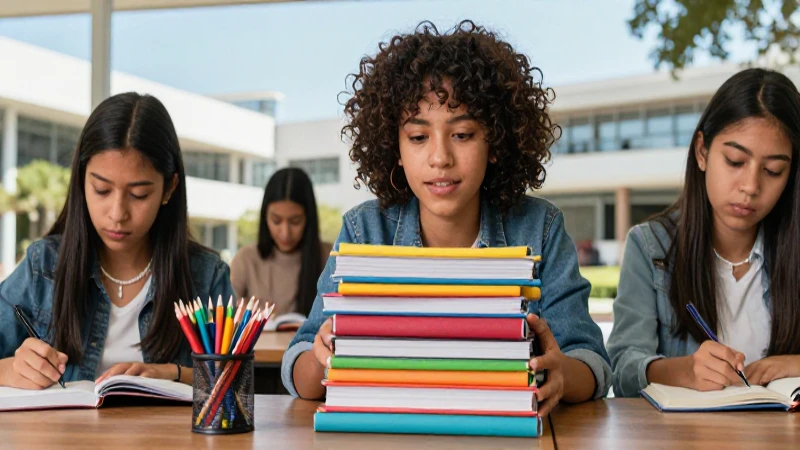 Estudiante universitario entusiasta con materiales coloridos