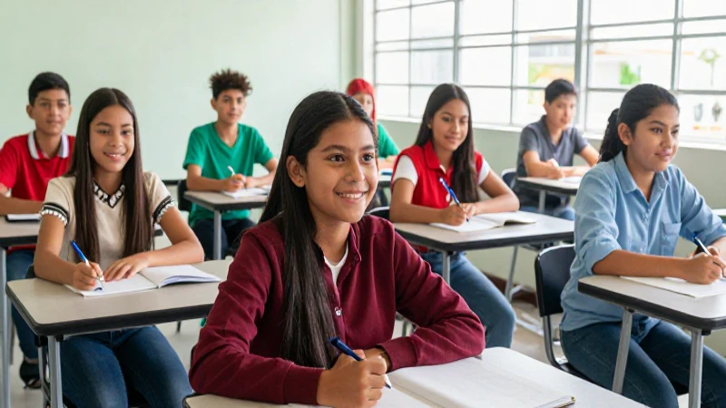 Estudiantes mexicanos felices en aula moderna y luminosa