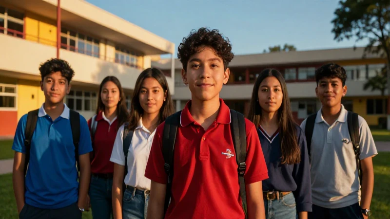 Estudiantes mexicanos en campus con luz dramática