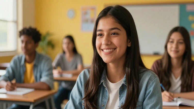 Estudiante sonriente en aula moderna