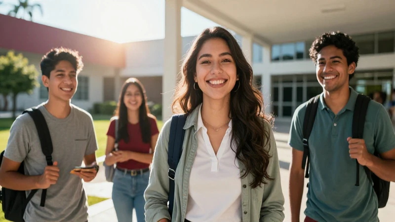 Estudiante sonríe, capturando nuevas oportunidades