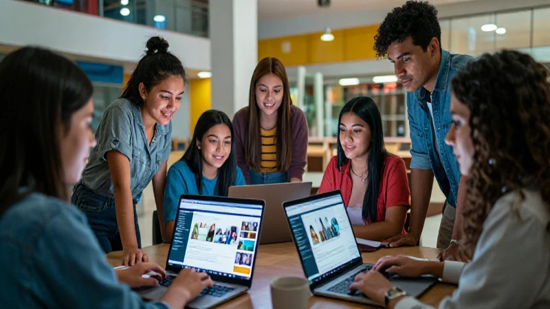 Jóvenes mexicanos colaboran en un campus universitario moderno