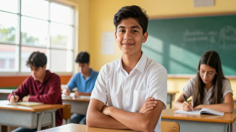 Estudiante mexicano seguro en aula iluminada