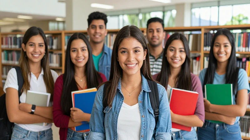 Estudiantes mexicanos triunfantes en biblioteca moderna
