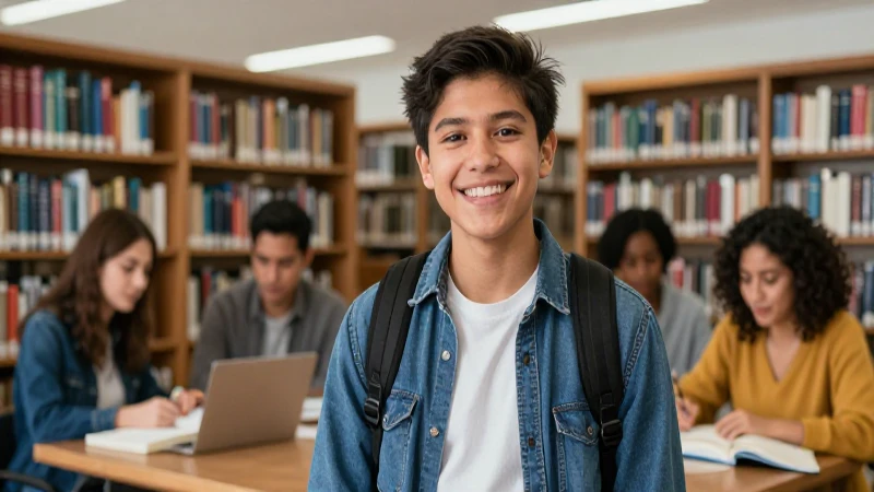 Estudiante mexicano sonríe en biblioteca moderna