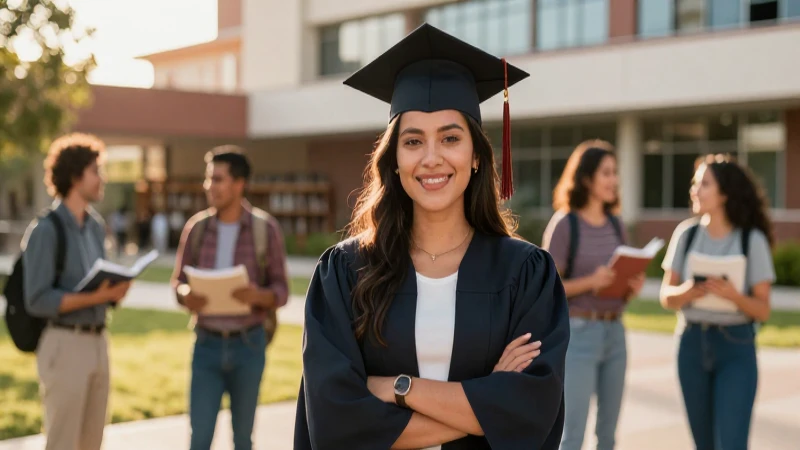 Joven mexicana gradúa en campus moderno con iluminación dorada
