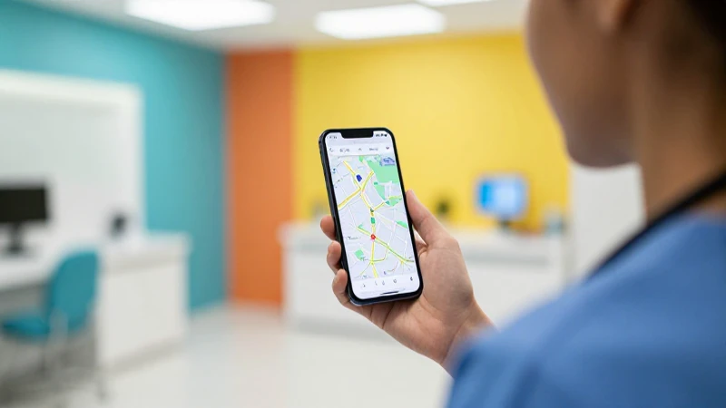 Profesional de salud con mapa en clínica moderna