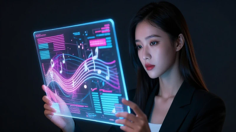 Mujer con pantalla holográfica musical brillante