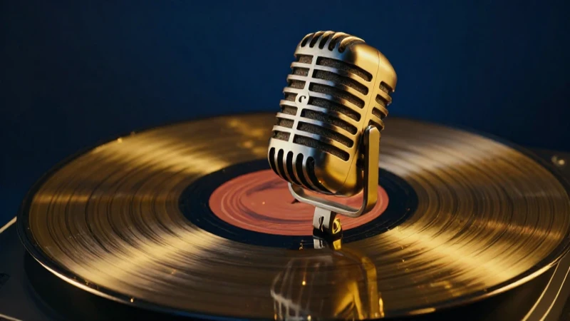 Microfon vintage rodeado de vinilos dorados
