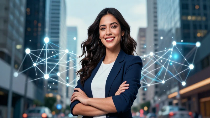 Mujer mexicana sonriente ante ciudad moderna