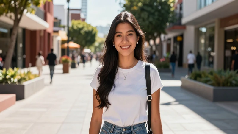 Estudiante mexicano sonríe en plaza vibrante y luminosa
