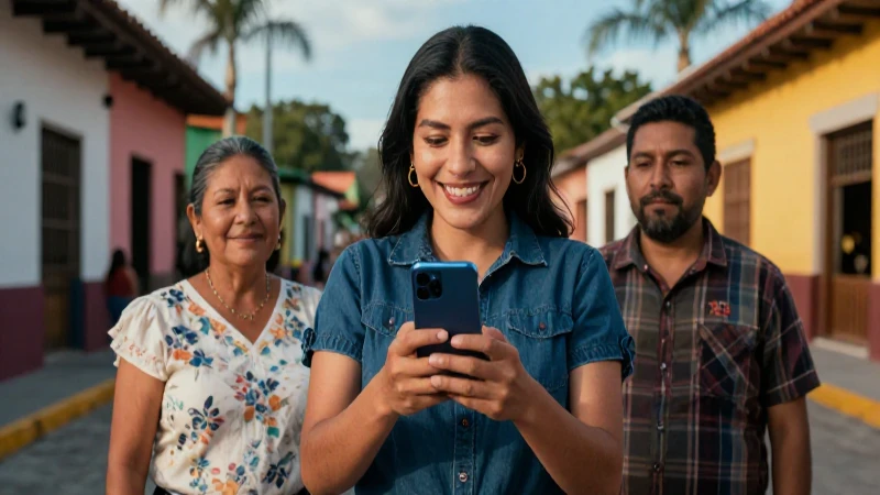 Persona mexicana sonriente con celular en barrio vibrante