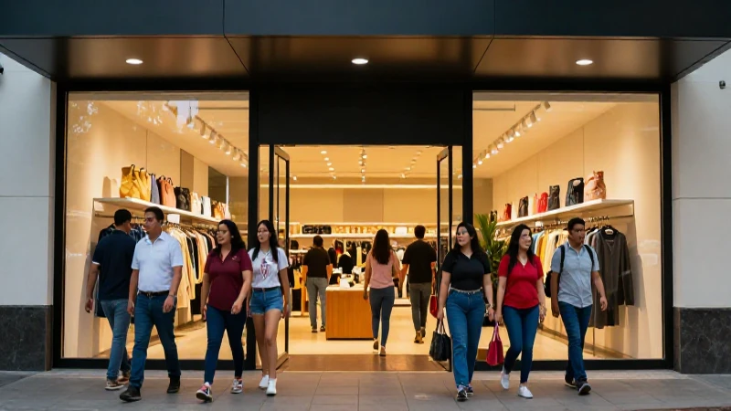 Tienda grande, entrada moderna, compradores mexicanos diversos