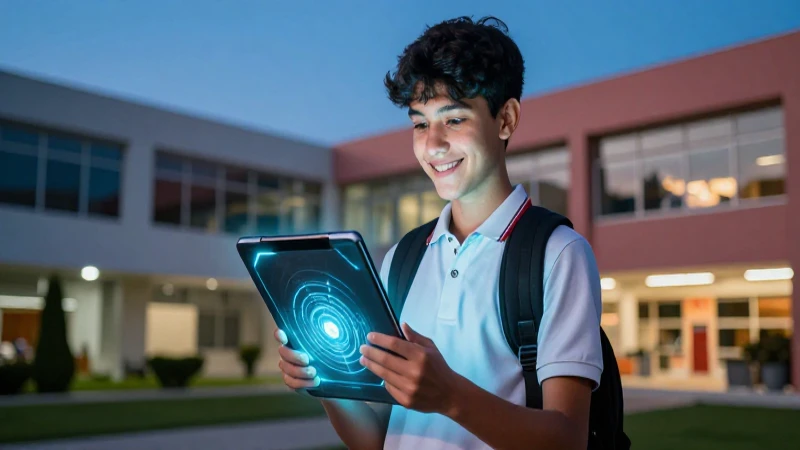 Estudiante mexicano sonríe con tablet futurista