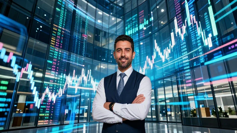 Profesional mexicano en lobby financiero moderno