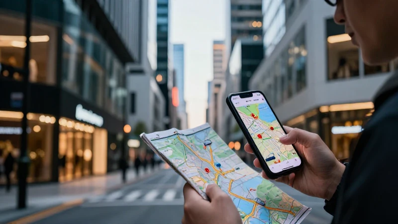 Persona revisando mapa en ciudad moderna