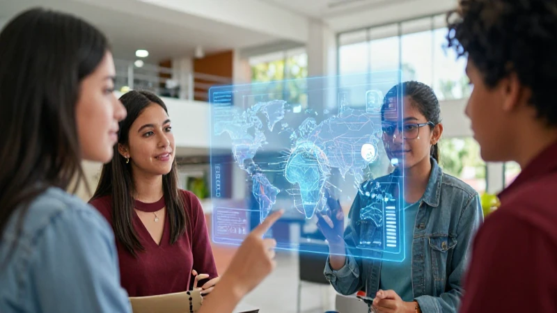 Estudiantes mexicanos observando mapa digital holográfico