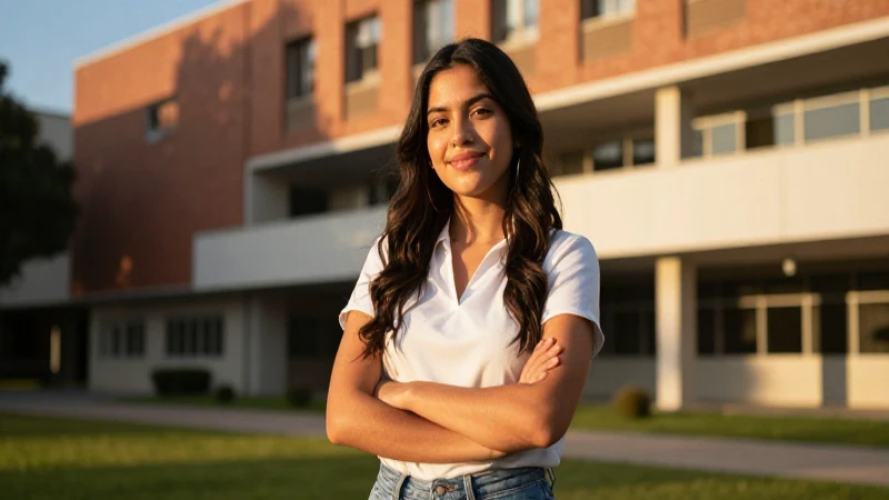 Mujer mexicana exitosa en campus moderno