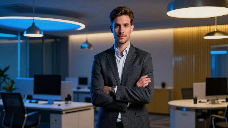 Joven profesional elegante en oficina corporativa moderna