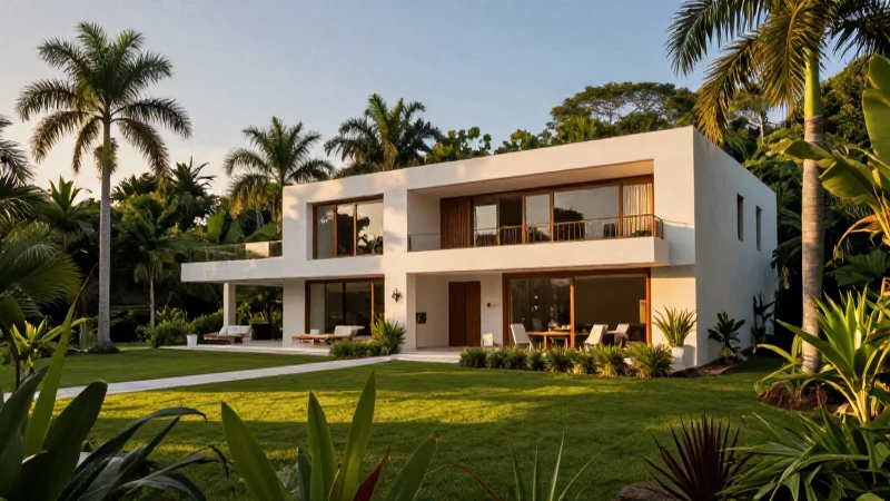 Lujosa villa en paisaje tropical de atardecer