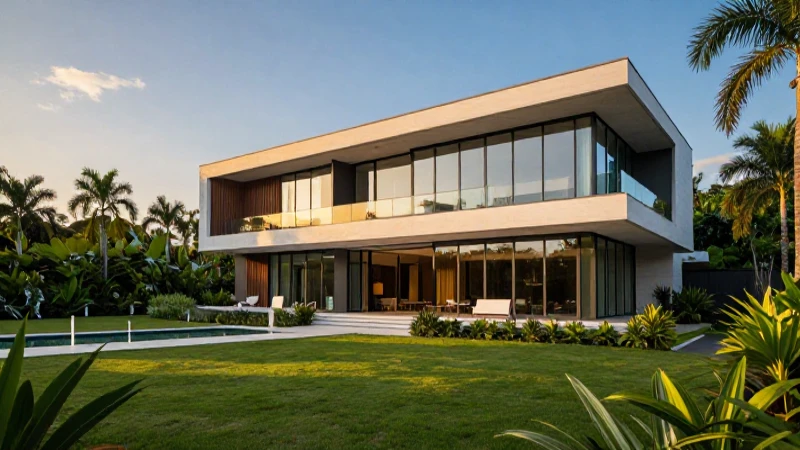 Lujosa villa tropical al atardecer con arquitectura moderna