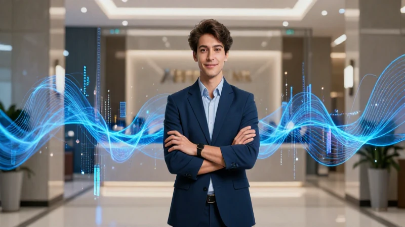 Joven confiado en banco futurista con flujo de datos