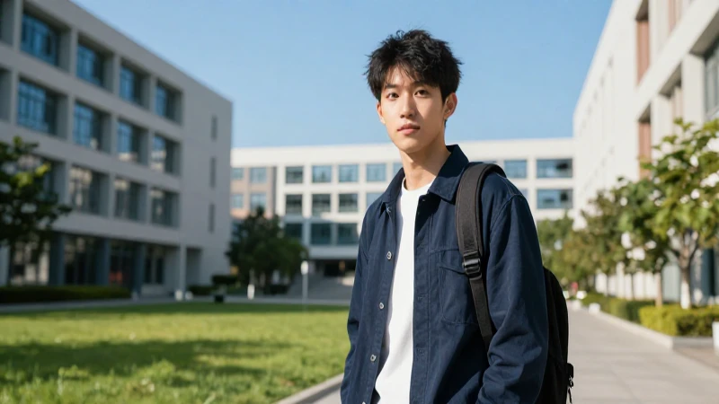 Estudiante elegante en campus moderno y soleado