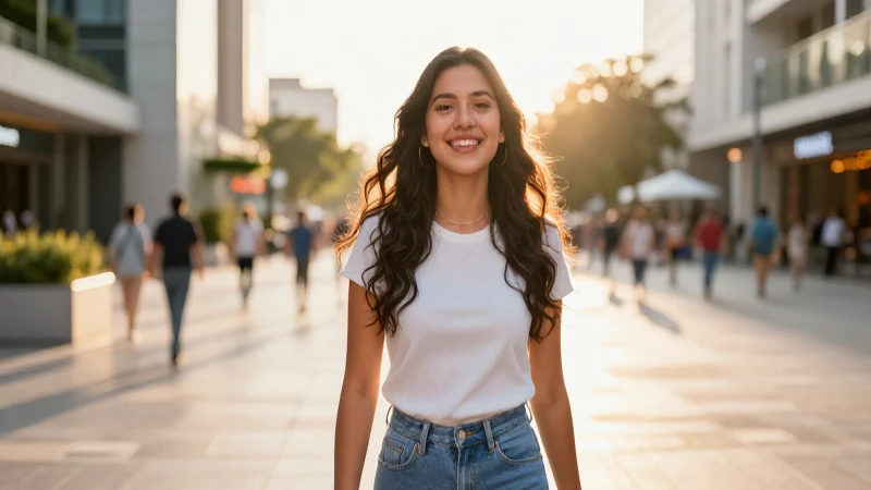 Joven mexicana optimista en una plaza moderna