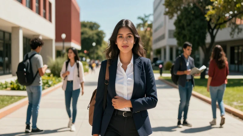 Joven mexicana sonríe en moderno campus universitario