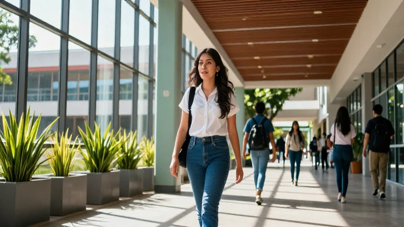 Estudiante en campus moderno, con luz vibrante