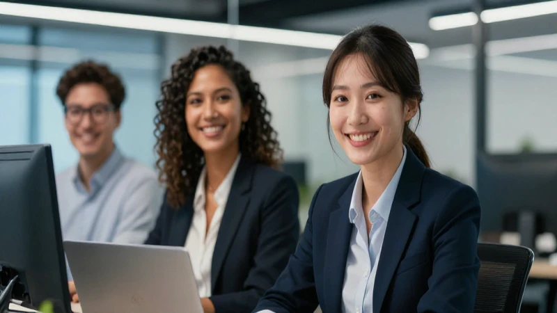 Profesional diverso sonríe en oficina moderna y vibrante