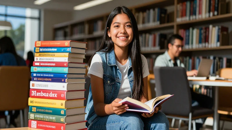 Estudiante mexicano alegre en biblioteca moderna