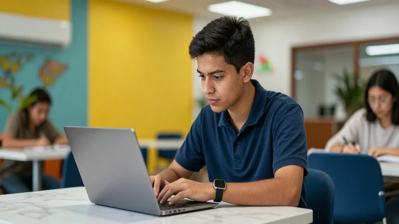 Estudiante mexicano estudia en campus moderno y brillante