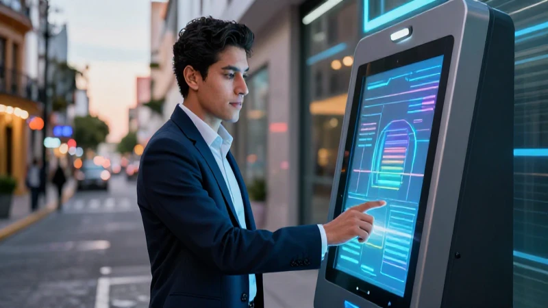 Joven profesional interactúa con kiosco digital en Durango