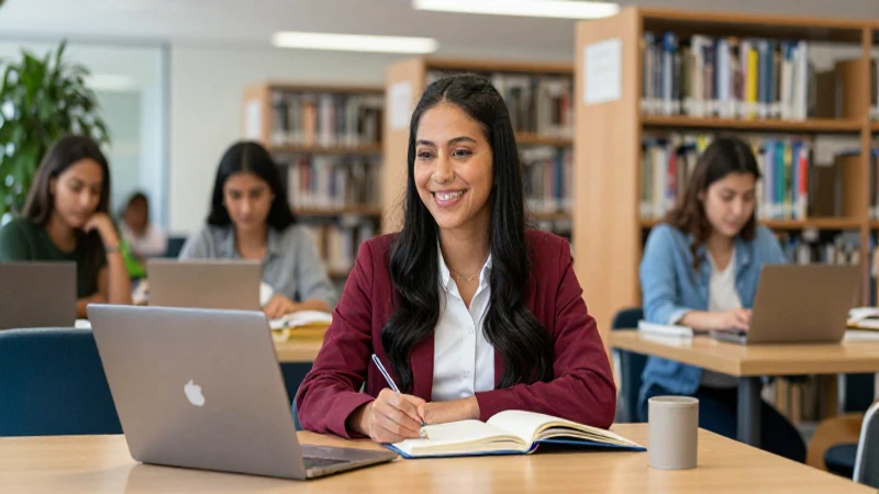 Estudiante mexicana feliz en biblioteca universitaria moderna