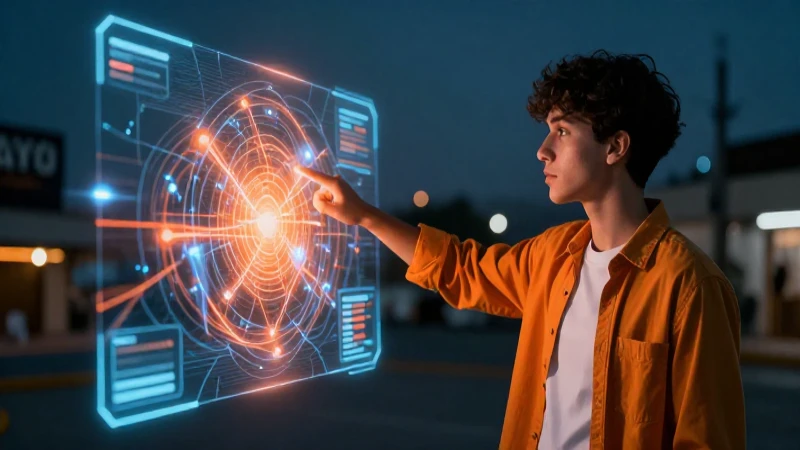 Joven apunta al mapa holográfico de Juárez