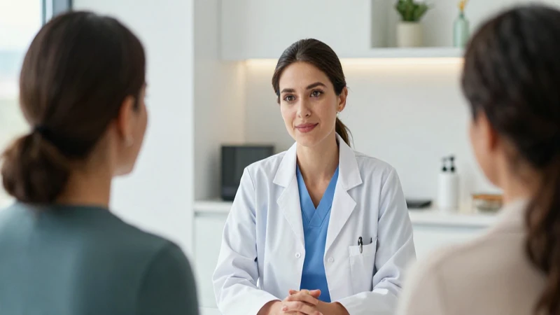 Médica atractiva consulta paciente en clínica moderna